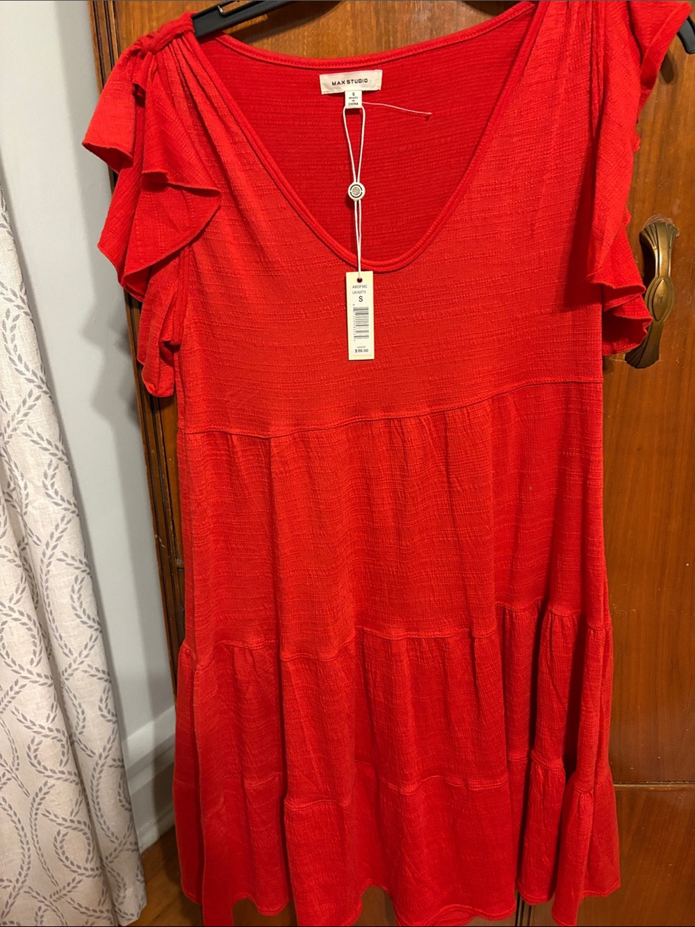 Market & Spruce Vibrant Red Tiered Flutter Sleeve Dress